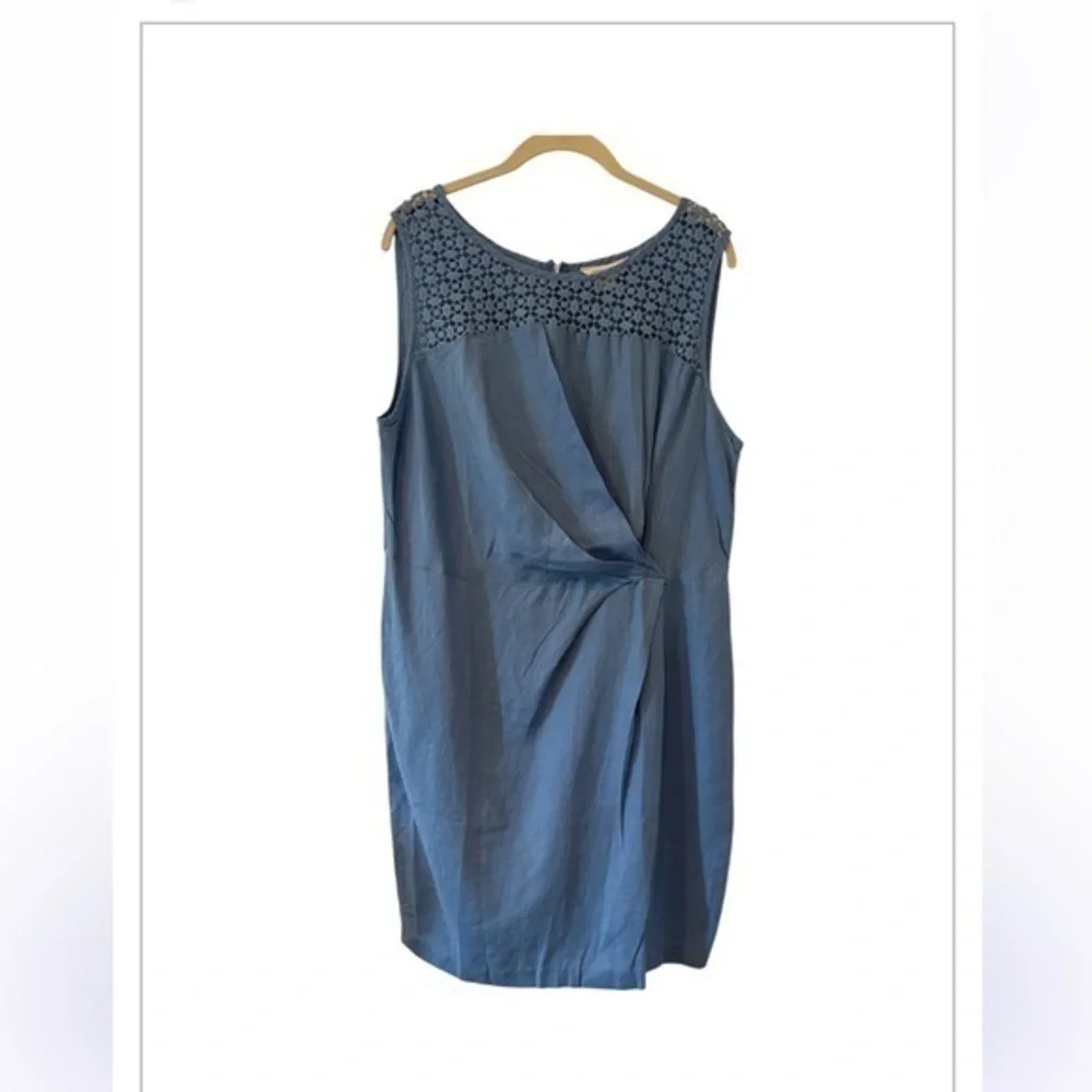 Monsoon Beautiful Blue Linen Summer Classic Crotchet Side Ruched Dress  14